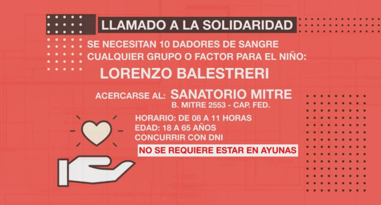Lalamado a la solidaridad, se necesitan dadores de sangre para Lorenzo Balestreri