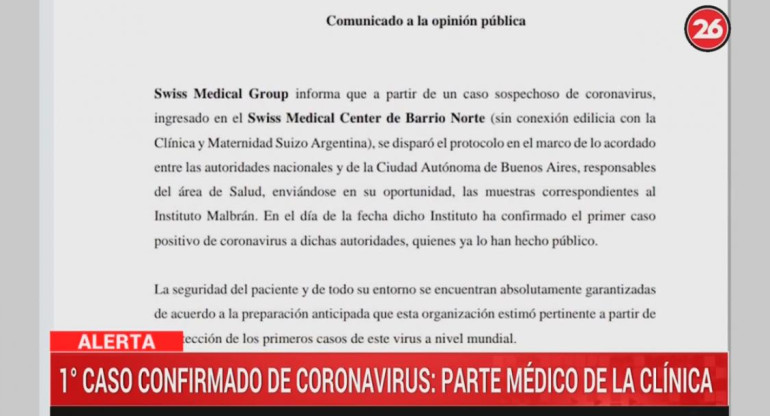 Parte médico de hombre con Coronavirus en Argentina, CANAL 26