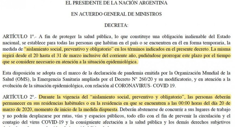 Coronavirus, decreto que limita la circulación y detalla las excepciones, Gobierno de Alberto Fernández