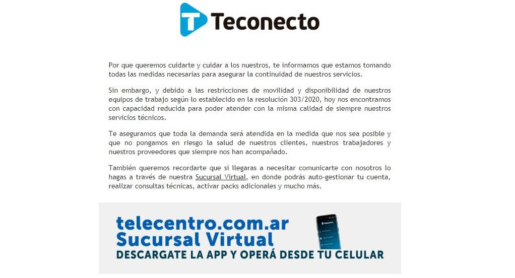 Teconecto, comunicado de Telecentro ante la situación de aislamiento, app, Sucursal Virtual