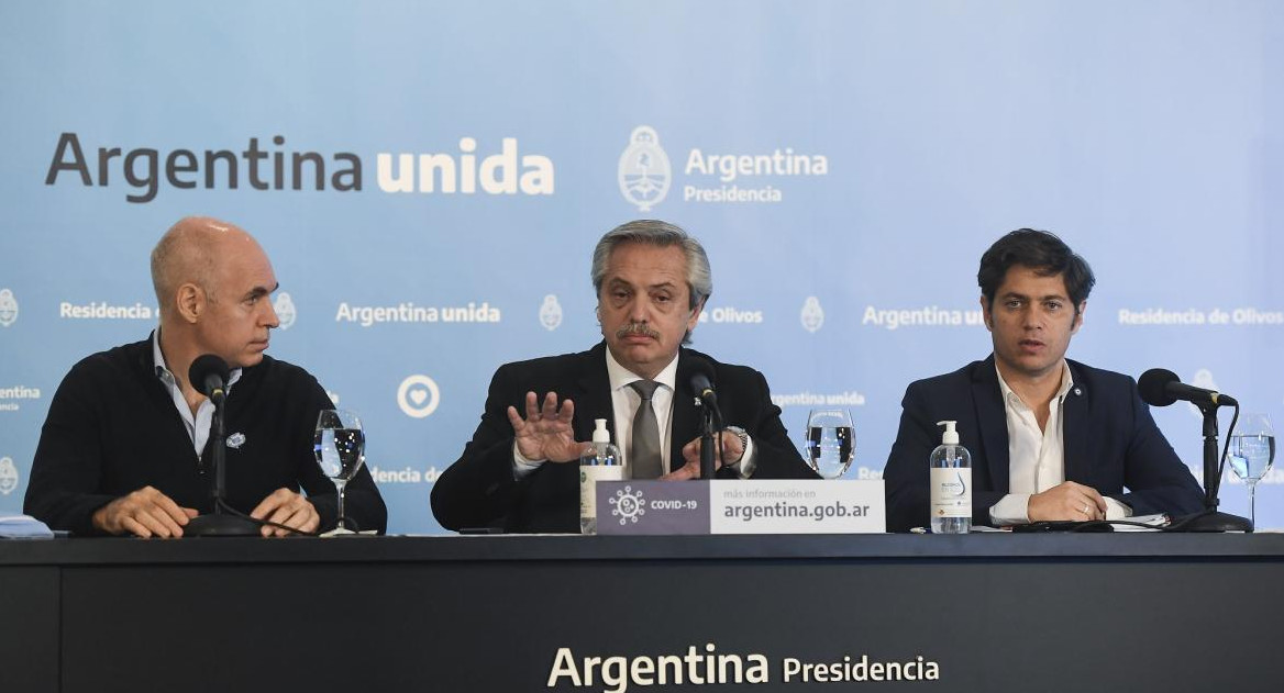 Alberto Fernández, Horacio Larreta y Axel Kicillof, anuncio extensión de cuarentena, NA