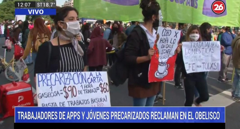 Protesta en el Obelisco, cuarentena, móvil Canal 26