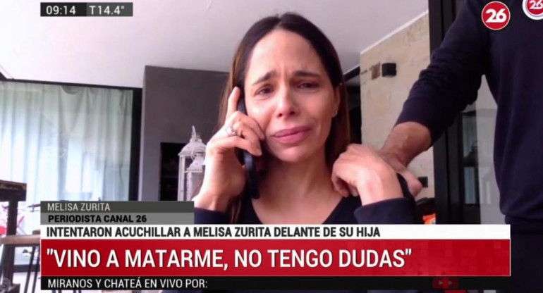 Melisa Zurita, relatando episodio de intento de asesinato en Canal 26
