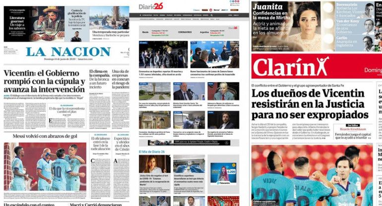 Tapa de diarios, diarios de Argentina, domingo 14 de junio de 2020	