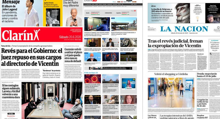 Tapas de diarios argentinos, sábado 20 de junio de 2020