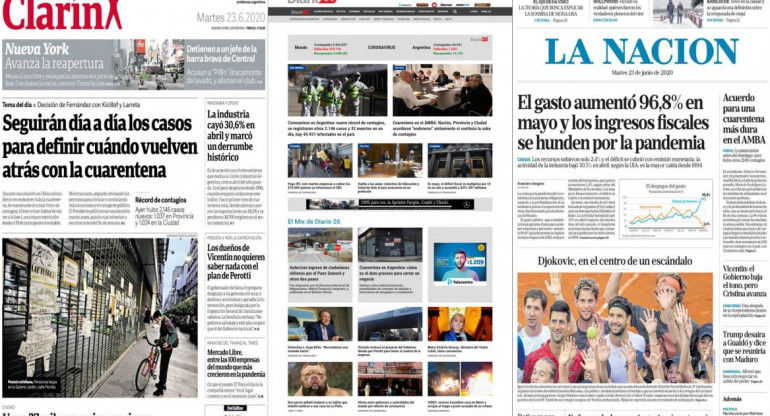 Tapas de diarios argentinos, martes 23 de junio de 2020