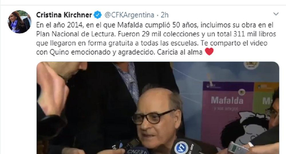 Cristina Fernández rinde homenaje a Quino y Mafalda en Twitter