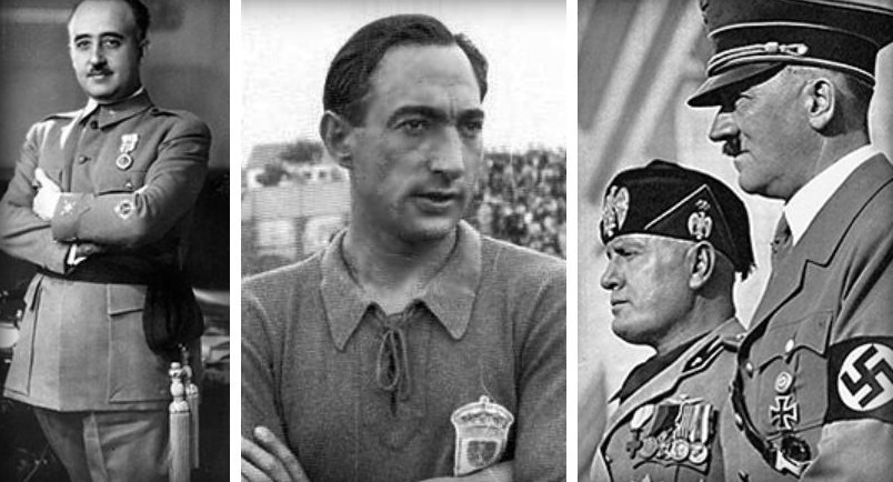 Francisco Franco, Isidro Lángara, Benito Mussolini y Adolf Hitler.	