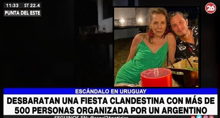 Mónica Gonzaga y su hijo Adriano Sessa, Fiesta clandestina en Punta del Este, Uruguay, organizada por argentino con 500 personas