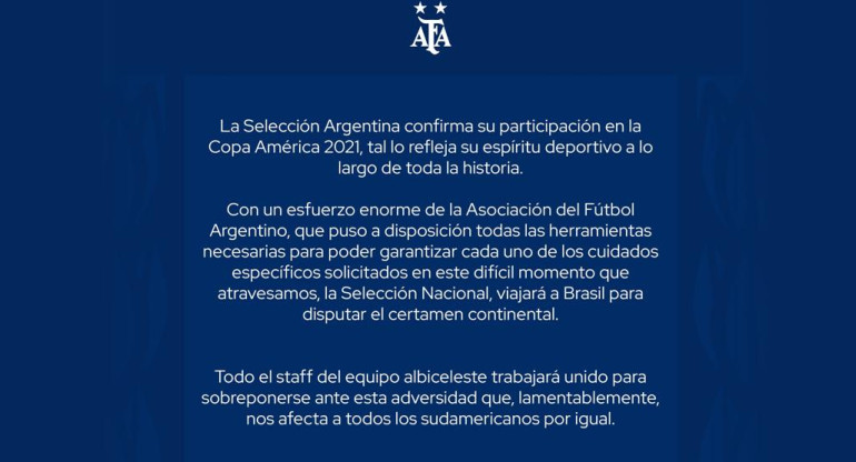AFA confirmó que la Selección Argentina juega la Copa América pese a pandemia de coronavirus	