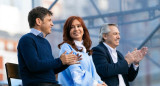 Axel Kicillof, Cristina Kirchner y Alberto Fernández en un acto partidario