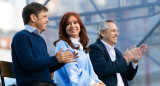 Axel Kicillof, Cristina Kirchner y Alberto Fernández en un acto partidario