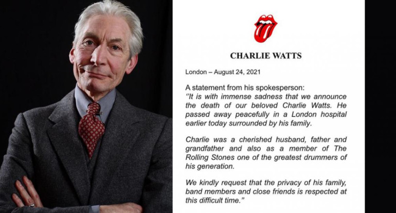 Charlie Watts, baterista de Rolling Stones, despedida en Instagram