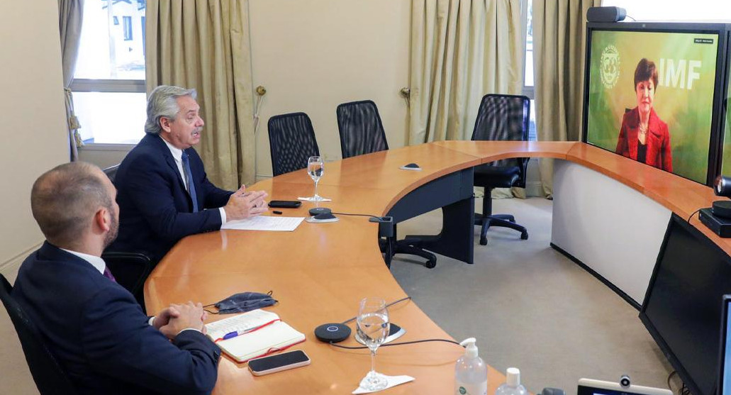 Alberto Fernández, Martín Guzmán y Kristalina Georgieva, FMI, Gobierno, NA