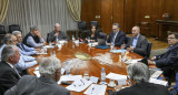 Martín Guzmán, Claudio Moroni y Matías Kulfas durante la reunión que mantuvieron con representantes de la CGT y la UIA en el palacio de Hacienda. Foto NA