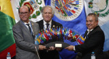 Asamblea OEA, secretario general, Luis Almagro; ministro de Exteriores de Perú, César Landa, y el subsecretario, Nestor Mendez_EFE