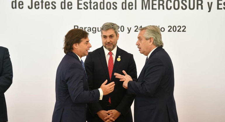 Luis Lacalle Pou, Mario Abdo Benitez y Alberto Fernandez. Foto: NA.