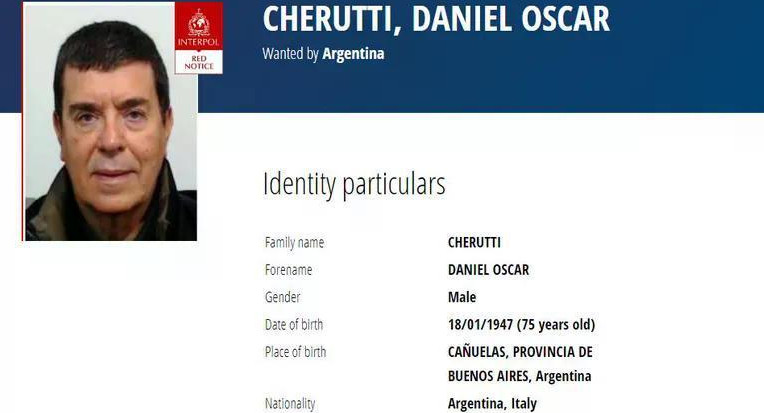 Pedido de detención de Interpol para Daniel Cherutti. Foto: Interpol.