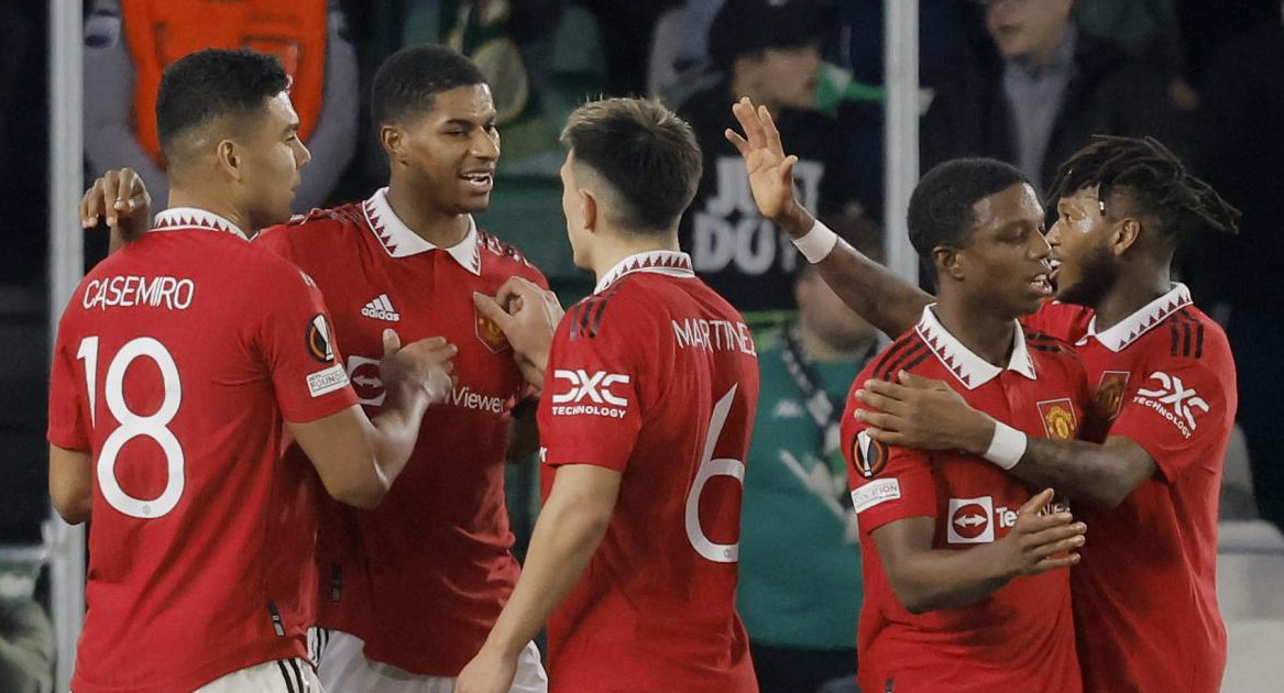 Festejo del Manchester United ante el Betis por la Europa League. Foto: REUTERS.