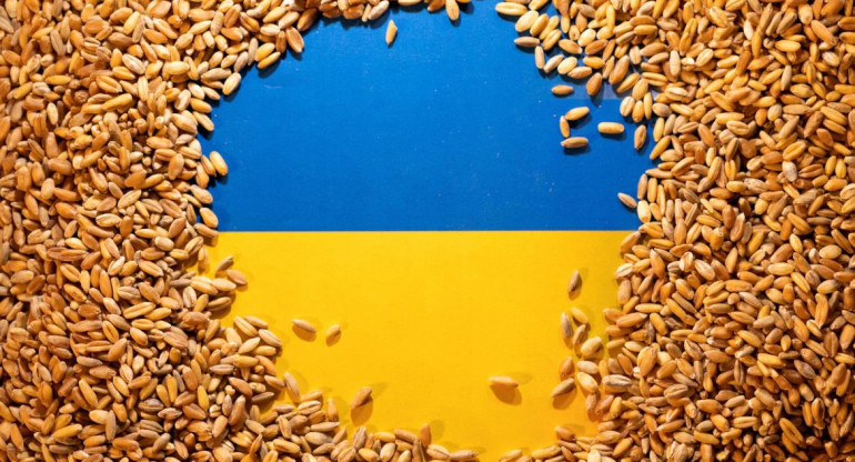 Bandera de Ucrania cubierta de grano de cereales. Foto: Reuters.