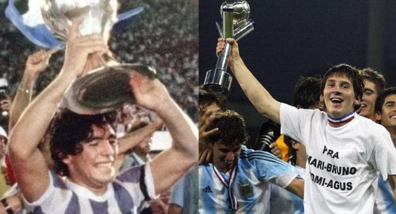 Diego Maradona y Lionel Messi, campeones del mundo sub 20. Foto: NA.