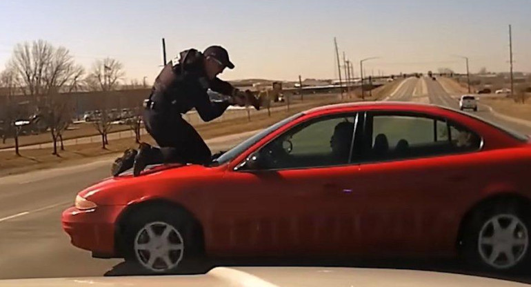 Persecusión con el policía en el capó del auto. Foto onpatrolk9.
