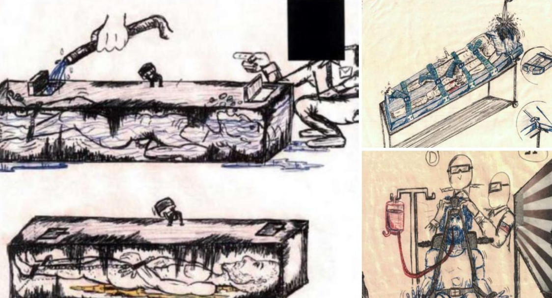 Dibujos de las torturas practicadas por la CIA. Foto: Canal 26.