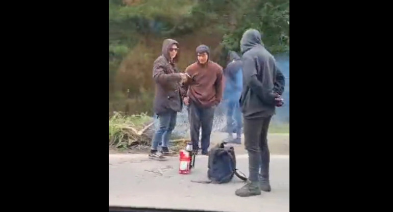 Presencia de mapuches en la ruta ante la mirada de la Policía. Foto: Captura de video.