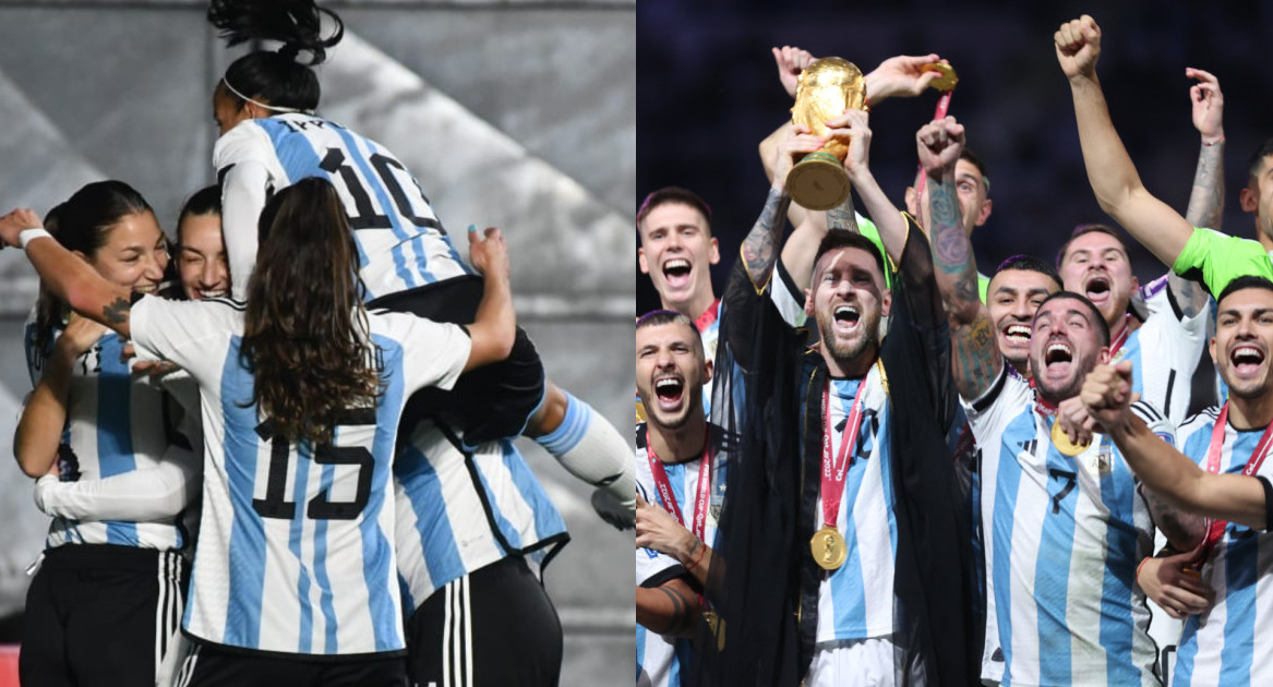 La Scaloneta bancó a la Selección Argentina del fútbol femenino. Fotos: Twitter y NA.