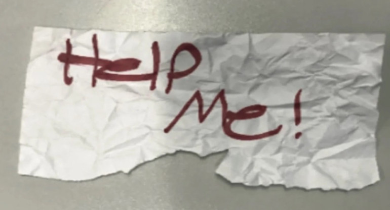 El papel con el texto "¡Ayúdame!" gracias al cual una menor fue rescatada en Estados Unidos. Foto: Departamento de Justicia de EEUU.