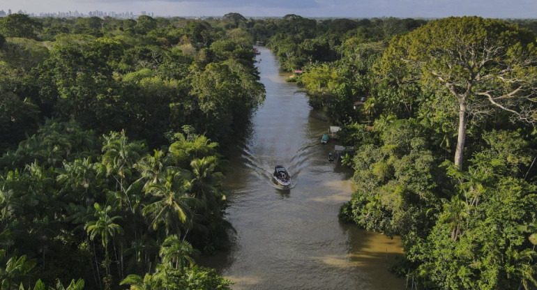 Fotografía aérea de un bote navegando por un río en una zona de la floresta Amazónica. Foto: EFE.