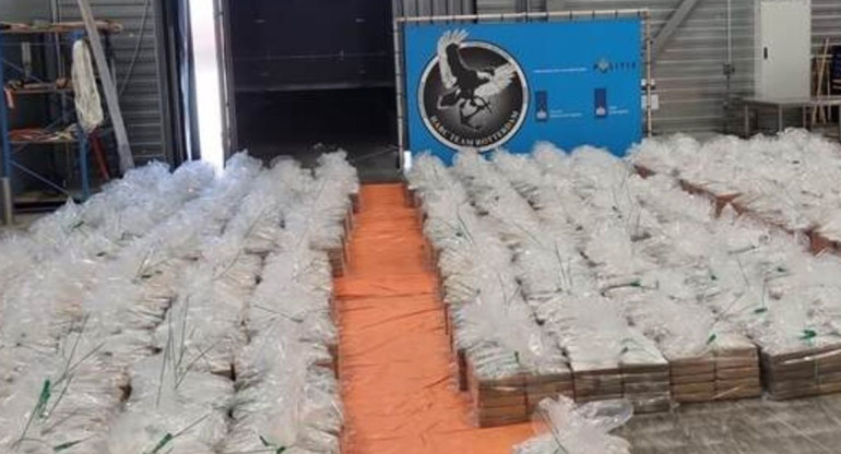 Con un valor de 600 millones de euros, la droga estaba escondida en un contenedor que transportaba plátanos que había llegado a Róterdam a través de Panamá. Foto @AlertaMundial2.