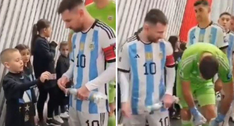 Un nene le regaló dos figuritas a Messi y "Dibu" Martínez se las guardó en sus medias. Foto: captura de pantalla.
