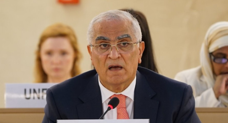 Embajador palestino ante la ONU, Ibrahim Khraishi. Foto: Twitter/X @UN_HRC.