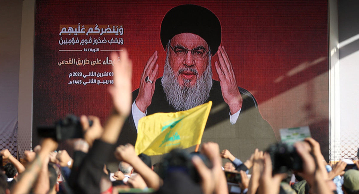 El líder del grupo libanés Hezbollah, Hasán Nasrala, durante su discurso. Foto: Reuters.