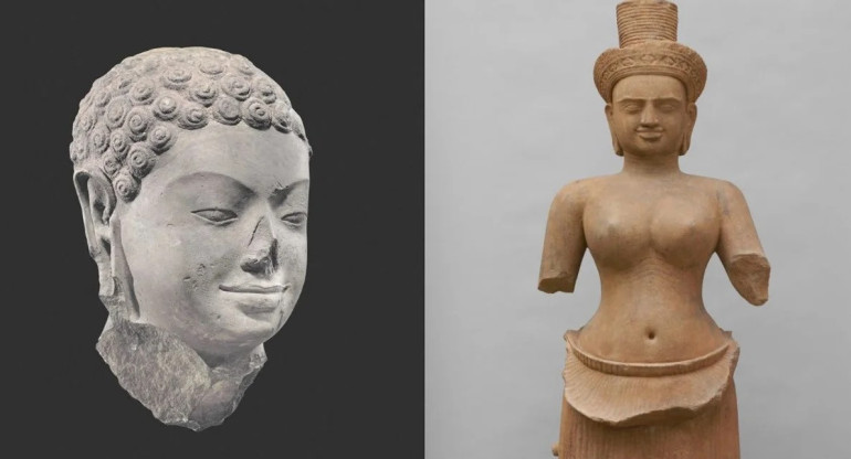 Esculturas exhibidas en el MET de Nueva York pertenecientes a Camboya y Tailandia. Foto: NA.