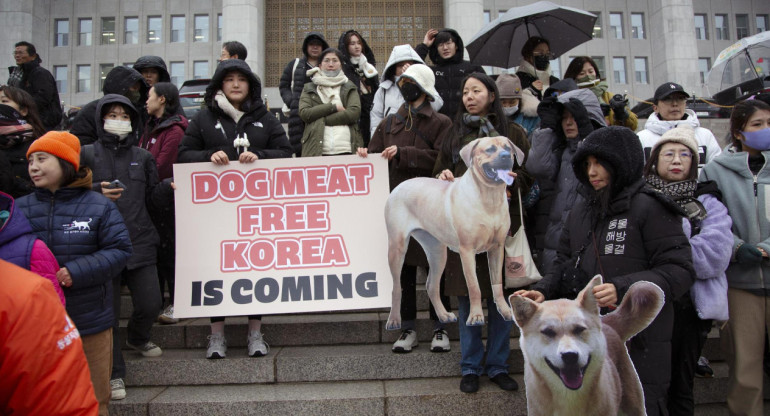 Activistas en Seúl durante la aprobación de la ley que prohíbe el comercio de carne de perro en Corea del Sur. Foto: EFE.