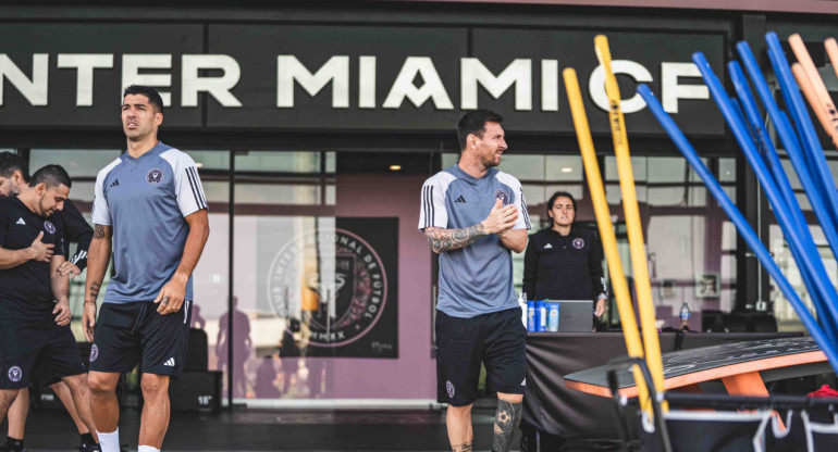 Lionel Messi y Luis Suárez en el entrenamiento del Inter Miami. Foto: @InterMiamiCF.