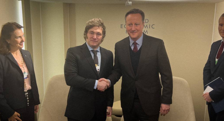Reunión entre Javier Milei y David Cameron, canciller británico. Foto: Twitter.