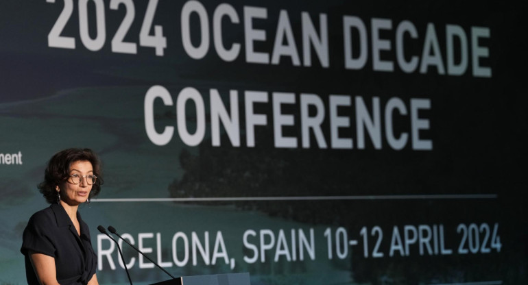 La directora general de la Unesco, Audrey Azoulay, en la Conferencia del Decenio del Océano en Barcelona. Foto: EFE.