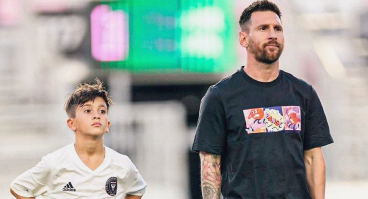 Lionel Messi junto a su hijo, Thiago. Foto: X