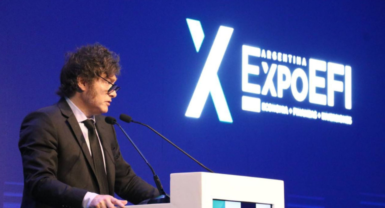 Javier Milei en su discurso en la ExpoEFI 2024. Foto: Presidencia.