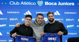 Brian Aguirre; Juan Román Riquelme y Milton Giménez. Foto: X @BocaJrsOficial.