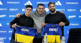 Brian Aguirre; Juan Román Riquelme y Milton Giménez. Foto: X @BocaJrsOficial.