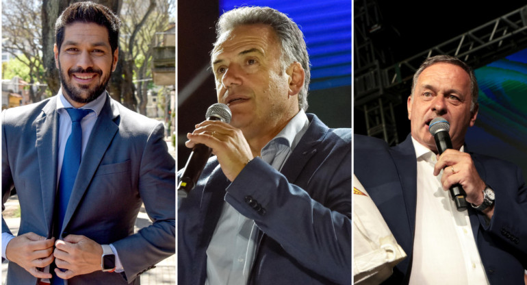 Andrés Ojeda, del Partido Colorado; Yamandú Orsi, del Frente Amplio;  Álvaro Delgado, del Partido Nacional, los 3 candidatos principales que compiten por la presidencia de Uruguay. Fotos: EFE.