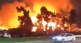 Las llamas alcanzaron varios metros de altura en el incendio en la maderera. Foto: Captura de video.